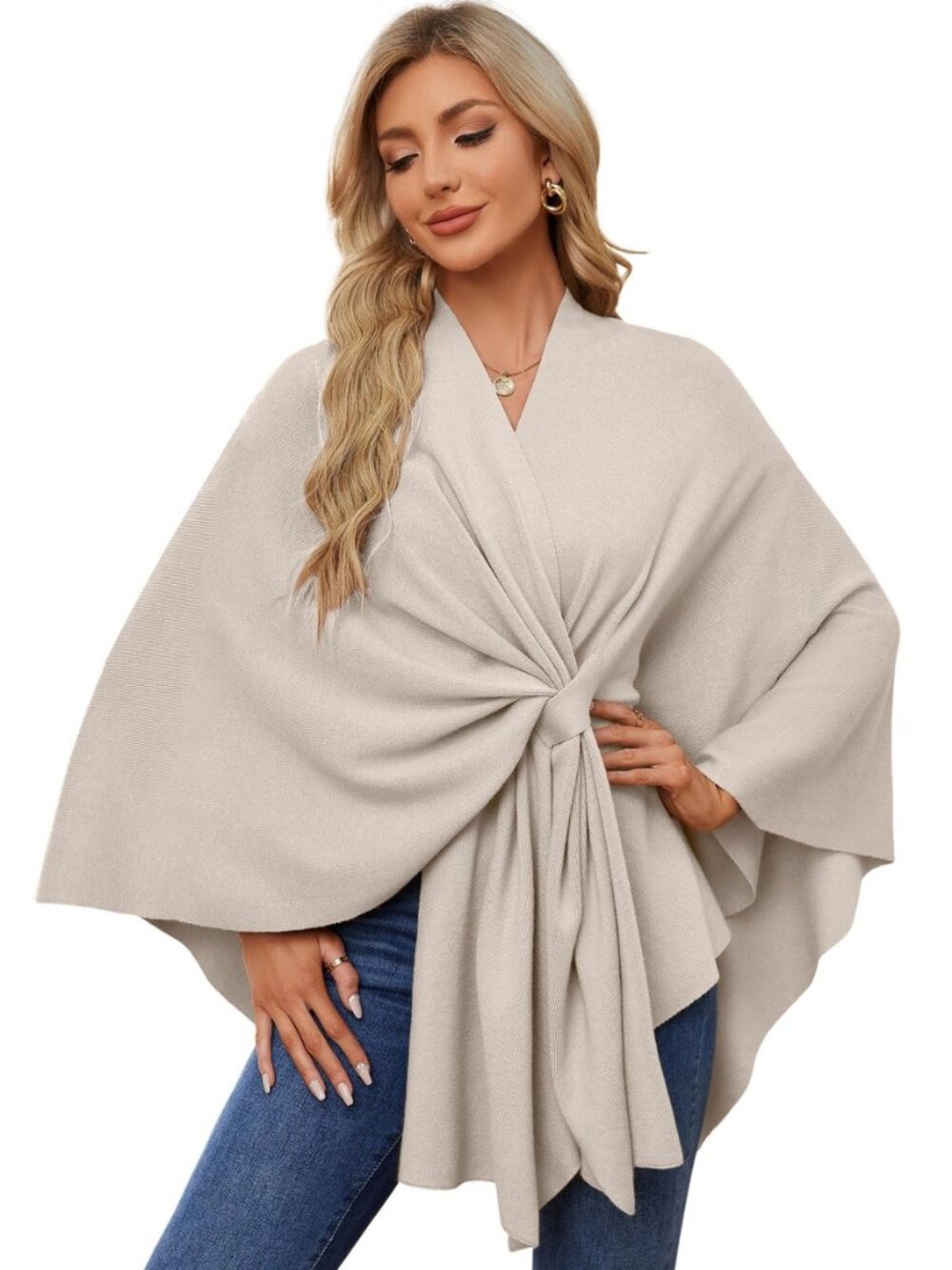 Women Elegant Shawl Wrap Open Front Poncho Sweater Spring Fall Winter
